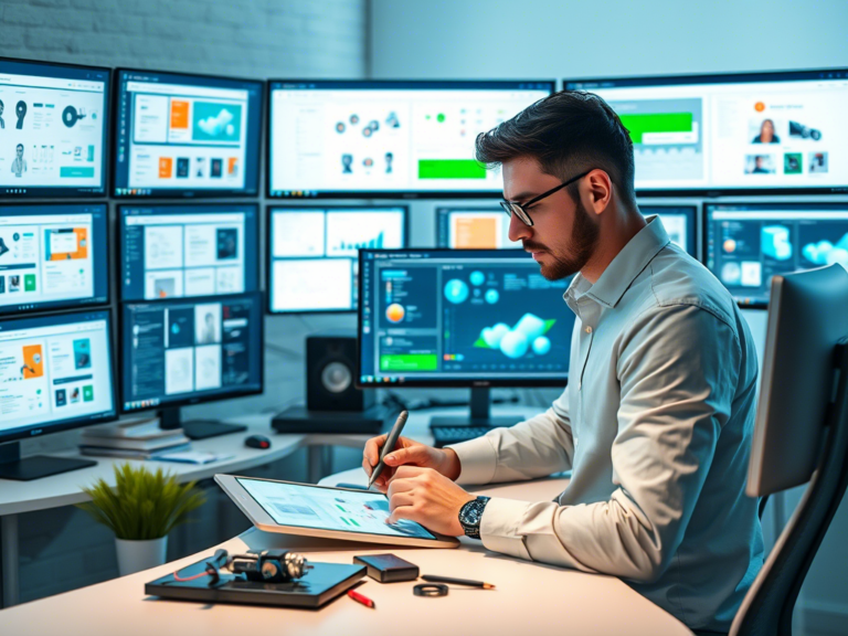 Professional freelance product designer working on digital prototypes across multiple screens, showcasing UI/UX designs and 3D models in a modern workspace with design tools