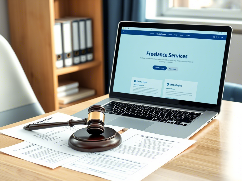 Professional freelance legal services workspace with documents and laptop