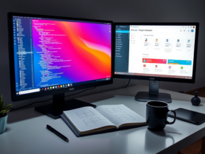 Freelance web development services workspace with code screens
