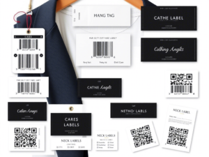 Professional barcode clothing labels with hang tags and QR codes for apparel brands